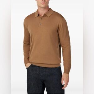 Brooks Brothers Men's Camel Brown Long-Sleeve Polo Merino Wool Classic Luxurious